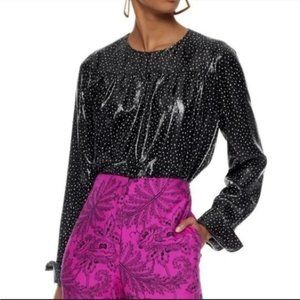 Diane von Furstenberg Womens Black Polka Dot Blouse Coated Silk Blend size 8